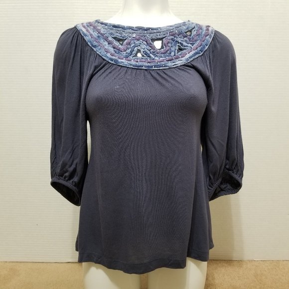C. Keer top Small Fenestella Tee crochet neck peasant metallic Anthropologie - Picture 1 of 10